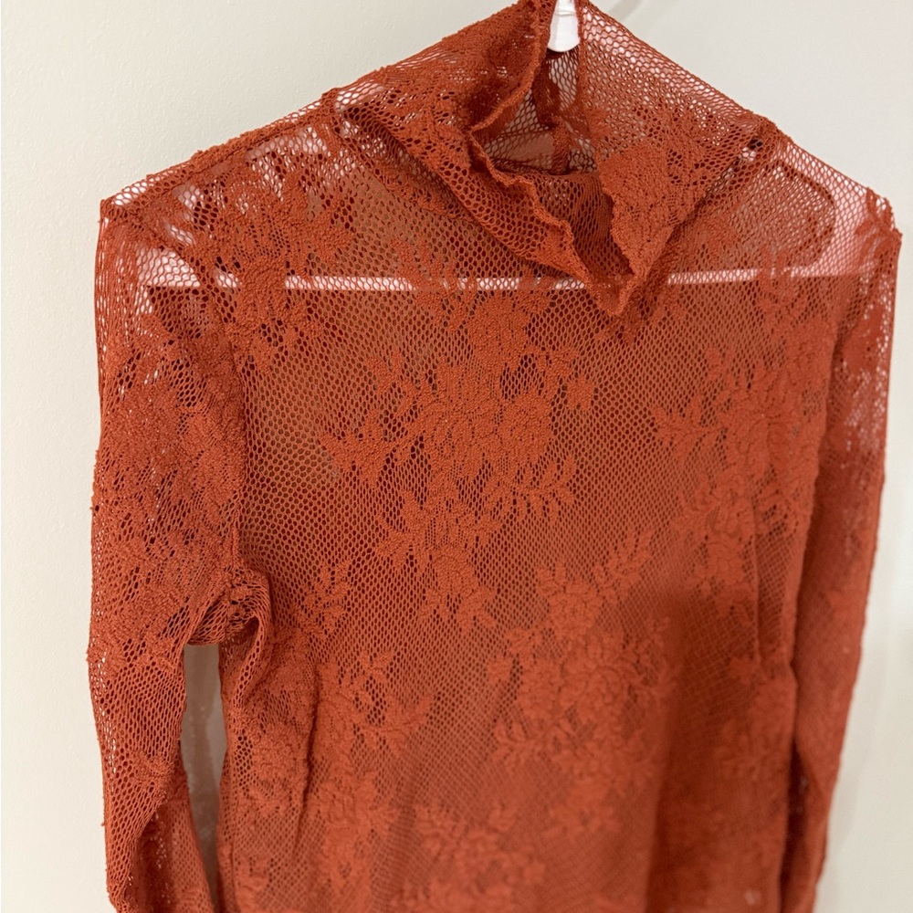 Free People Intimately Sweet Secrets Lace Long Turtleneck - Burnt Orange - Large - Picture 6 of 11